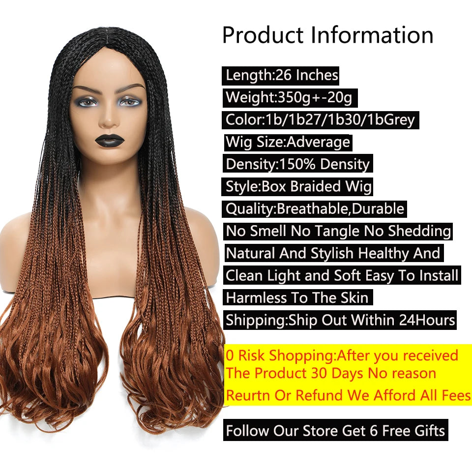 26 Inch Long Box Braid Wig With Curly End African synthetic Braided Wigs For Women Fake Scalp Heat Resistant Braiding Hair Wig Luxegan