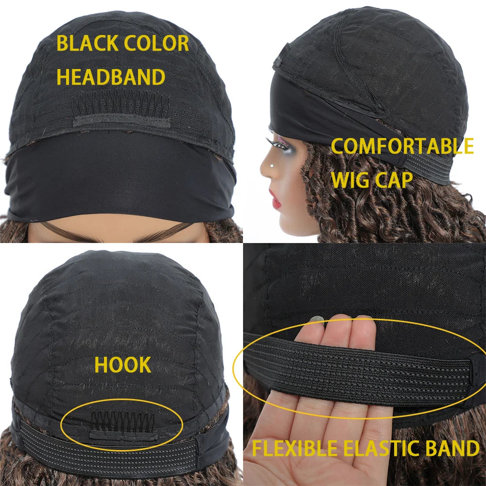 Product Title: 26" Ombre Brown Headband Braided Wig | Faux Locs with Curly Ends | Synthetic Dreadlock Wig - Luxegan