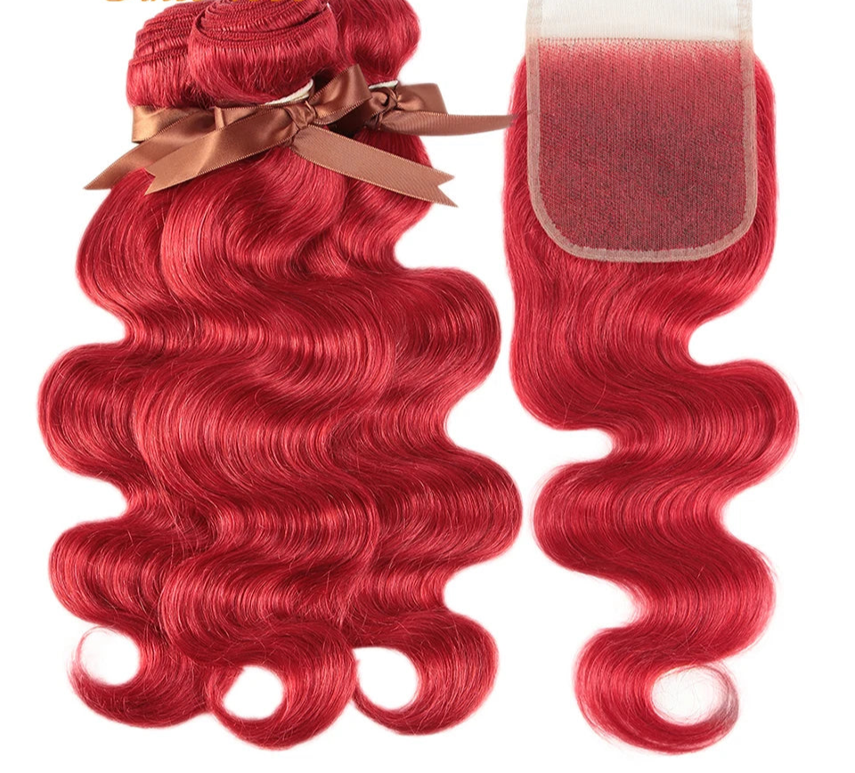 Rebecca Oxblood Red Body Wave Bundles with Closure | 3 Brazilian Remy Human Hair Weave & Closure Set Luxegan