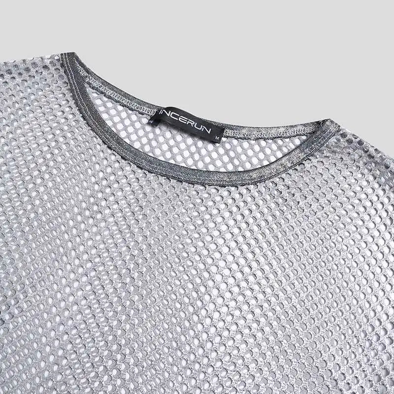 Men’s Mesh Patchwork See-Through T-Shirt | Sophisticated "Short Sleeve" Crop Top Silhouette | Elegant "Grey" Nightclub Camiseta | "Dignified" High-Performance Streetwear for Radiant Versatile Styling Luxegan