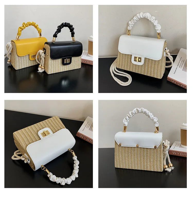 Summer Luxury Designer Straw Beach Bag | Vintage Contrast Color Flap Handbag with Pleated Handle | Hard Structured Woven Crossbody Purse & Lock Shoulder Bag Luxegan