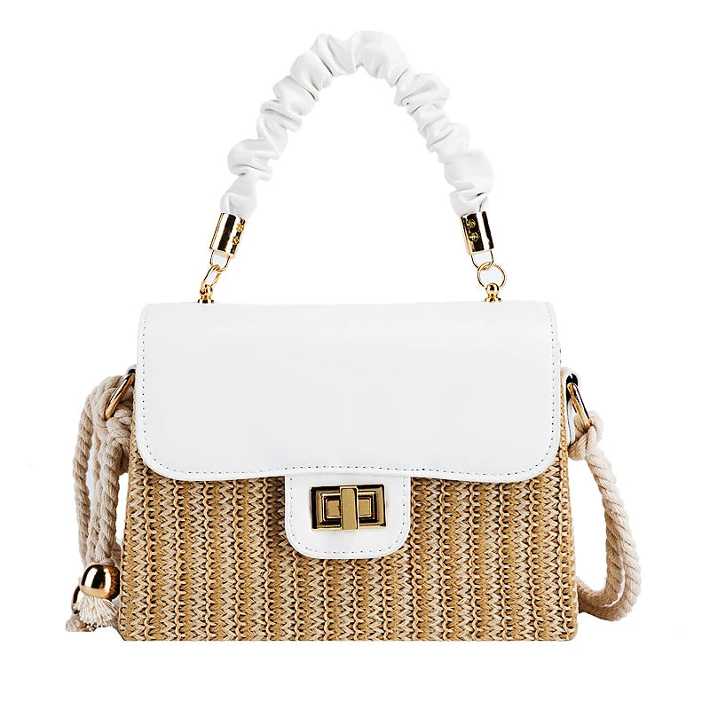 Summer Luxury Designer Straw Beach Bag | Vintage Contrast Color Flap Handbag with Pleated Handle | Hard Structured Woven Crossbody Purse & Lock Shoulder Bag Luxegan