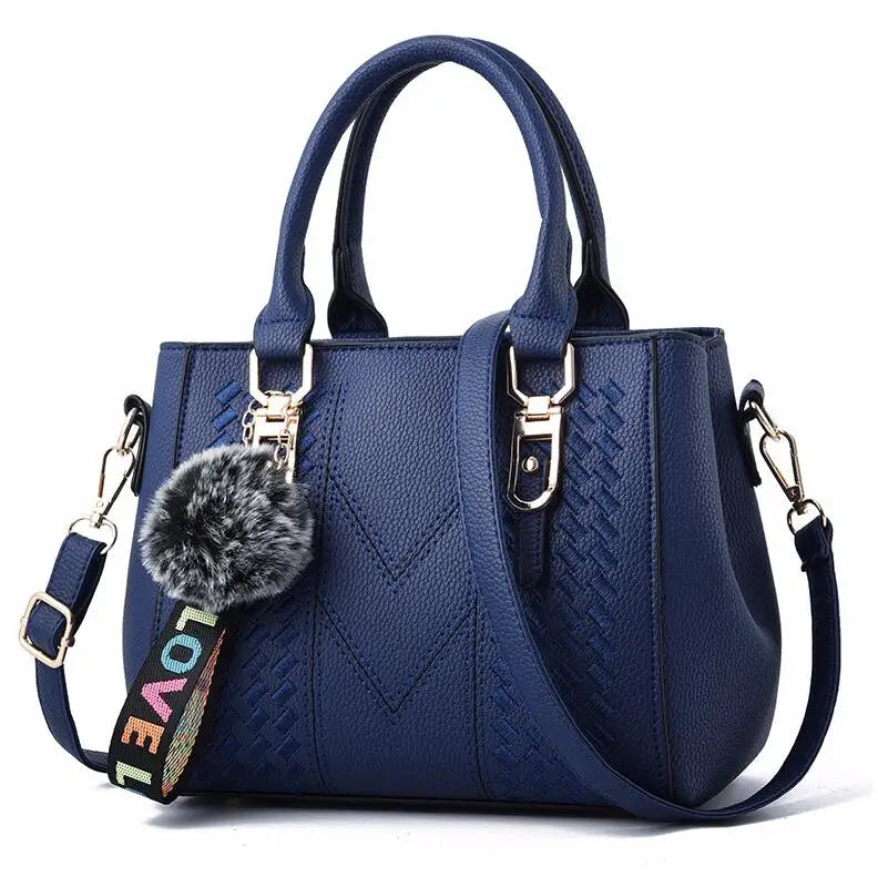 Women’s Embroidered Leather Handbag | Casual Satchel Messenger Bag | Ladies' Large Capacity Shoulder Bag with Decorative Hairball Pendant | Versatile PU Leather Top-Handle Bag Luxegan