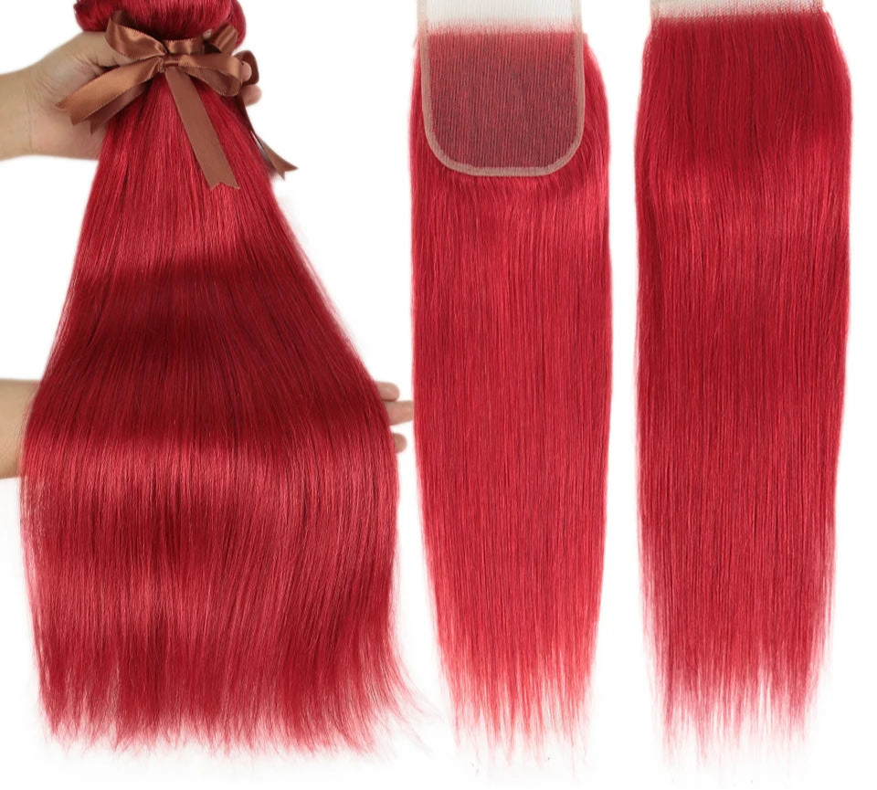 Red & Blonde Highlight Straight Bundles with Closure | 3 Pcs Brazilian Remy Human Hair Weave Extensions Luxegan