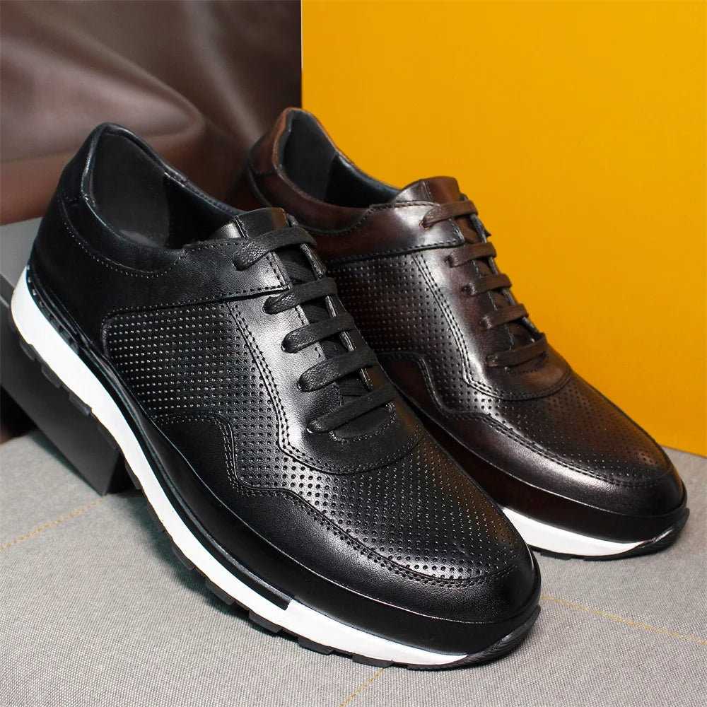 Men's Casual Leather Skateboarding Shoes | Sophisticated Genuine Leather Panel Detail | Elegant "Top Quality" Printed Walking Shoes | "Dignified" All-Season Rubber Sole Oxfords for Radiant Versatile Styling Luxegan