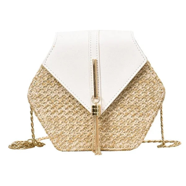 Hexagon Multi-Style Straw + Leather Handbag | Sophisticated Handmade Woven Rattan Summer Bag | Elegant Circle Bohemia Beach Bag | Fashion-Forward Hard-Shell Shoulder Flap with Tassel Accent Luxegan