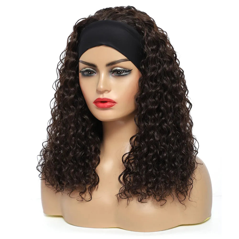 Water Wave Headband Wig | Darker Brown | Synthetic Curly Hair Wig | 20 Inches | Glueless | Full Machine Made Wigs - Luxegan