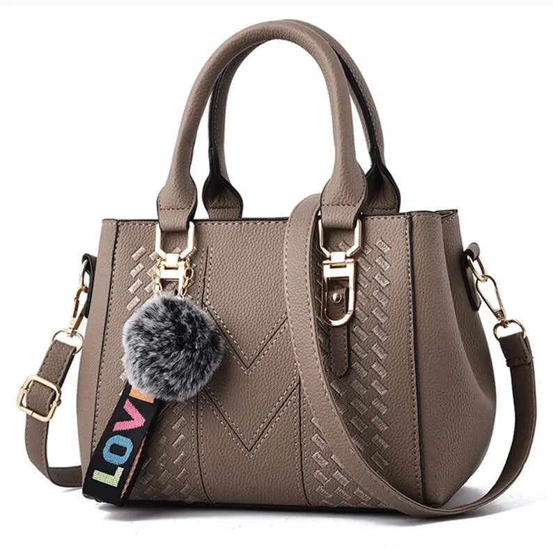 Women’s Embroidered Leather Handbag | Casual Satchel Messenger Bag | Ladies' Large Capacity Shoulder Bag with Decorative Hairball Pendant | Versatile PU Leather Top-Handle Bag Luxegan