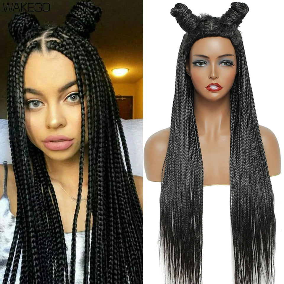 Wakego Box Braided Wigs for Black Women 26" Long Braids Wigs Fake Scalp Synthetic Heat Resistant Fiber Micro Braid Wig Daily Use Luxegan