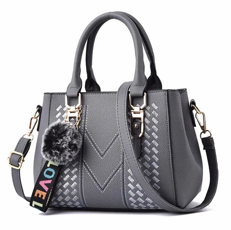 Women’s Embroidered Leather Handbag | Casual Satchel Messenger Bag | Ladies' Large Capacity Shoulder Bag with Decorative Hairball Pendant | Versatile PU Leather Top-Handle Bag Luxegan