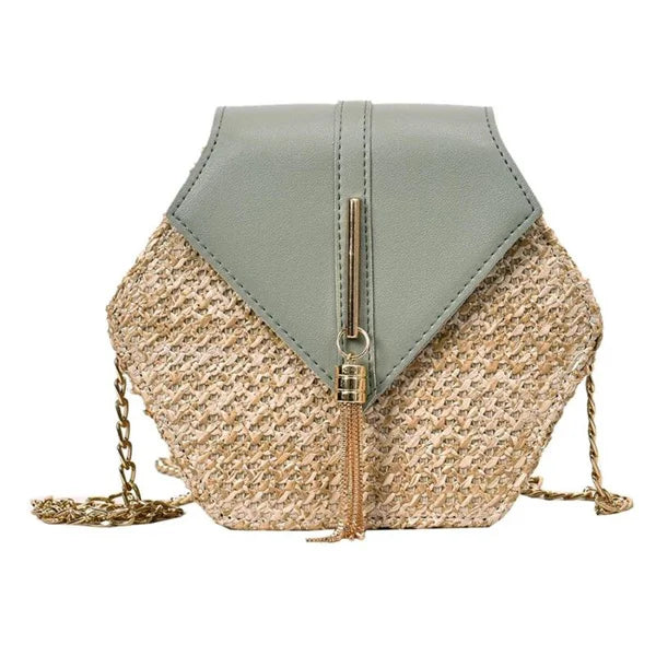 Hexagon Multi-Style Straw + Leather Handbag | Sophisticated Handmade Woven Rattan Summer Bag | Elegant Circle Bohemia Beach Bag | Fashion-Forward Hard-Shell Shoulder Flap with Tassel Accent Luxegan