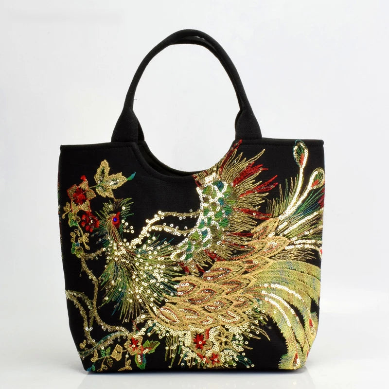 Ethnic Style Sequins Tote Bag | Peacock Embroidery Handbags & Vintage Canvas Crossbody Bag Luxegan