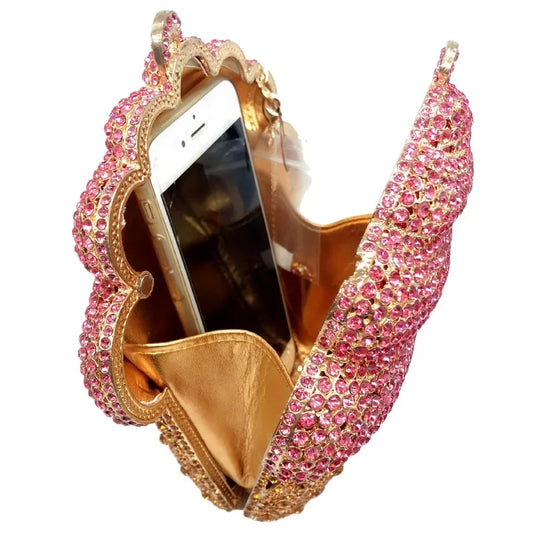 Luxury Crystal Ice Cream Evening Clutch | Sophisticated Diamond-Encrusted Cupcake Bag | Elegant Gold & Silver Wedding Party Prom Purse | "Dignified" Bespoke Handbag with Chain Strap Luxegan