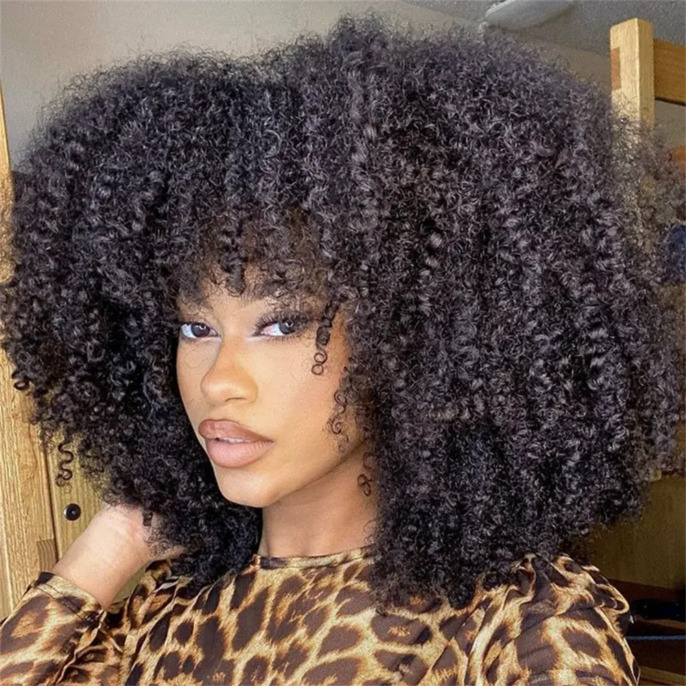 Jerry Curly Human Hair Wig with Bangs | Malaysian Remy Hair | Afro Curly Wig Luxegan