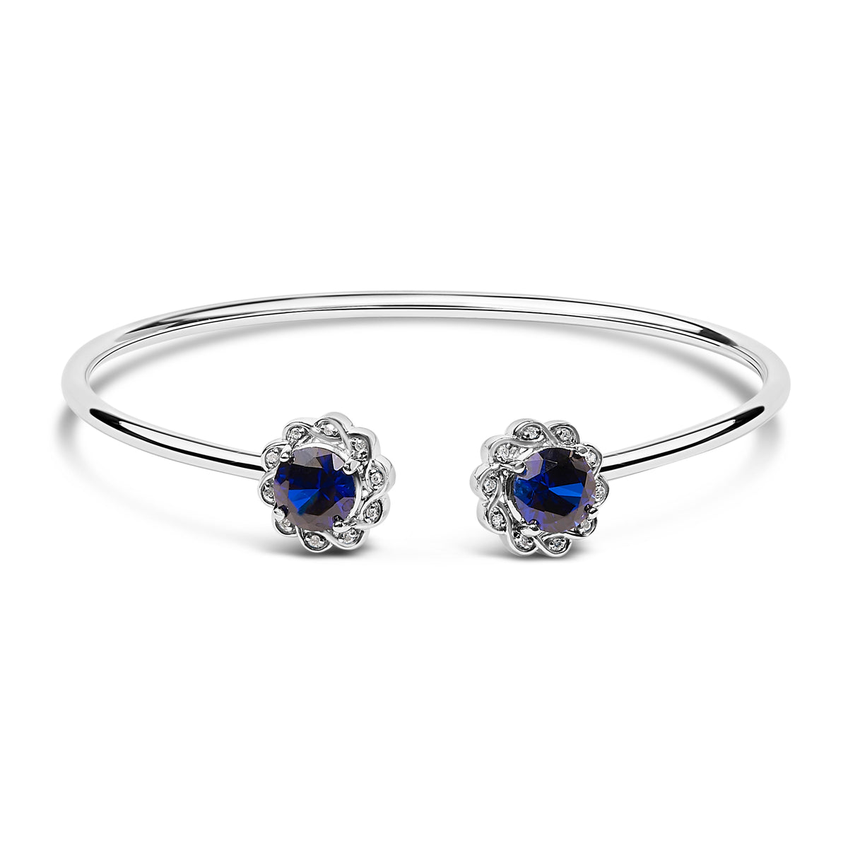 Sterling Silver Diamond Accent Created Blue Sapphire Floral Design Bangle Bracelet