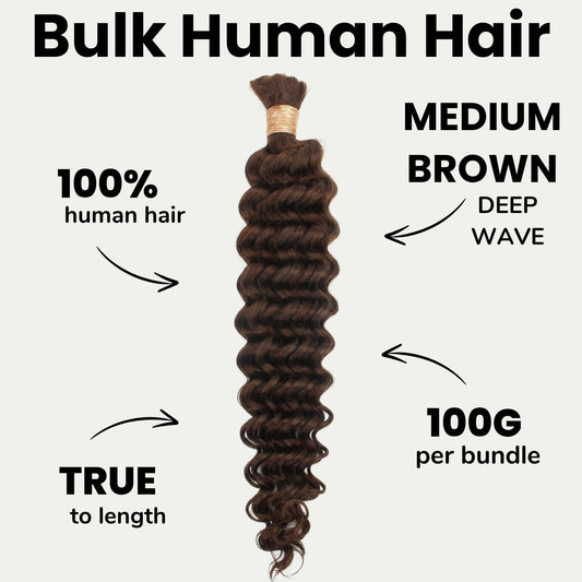 Medium Brown Deep Wave Color 4 Bulk 100% Human Braiding Hair Luxegan