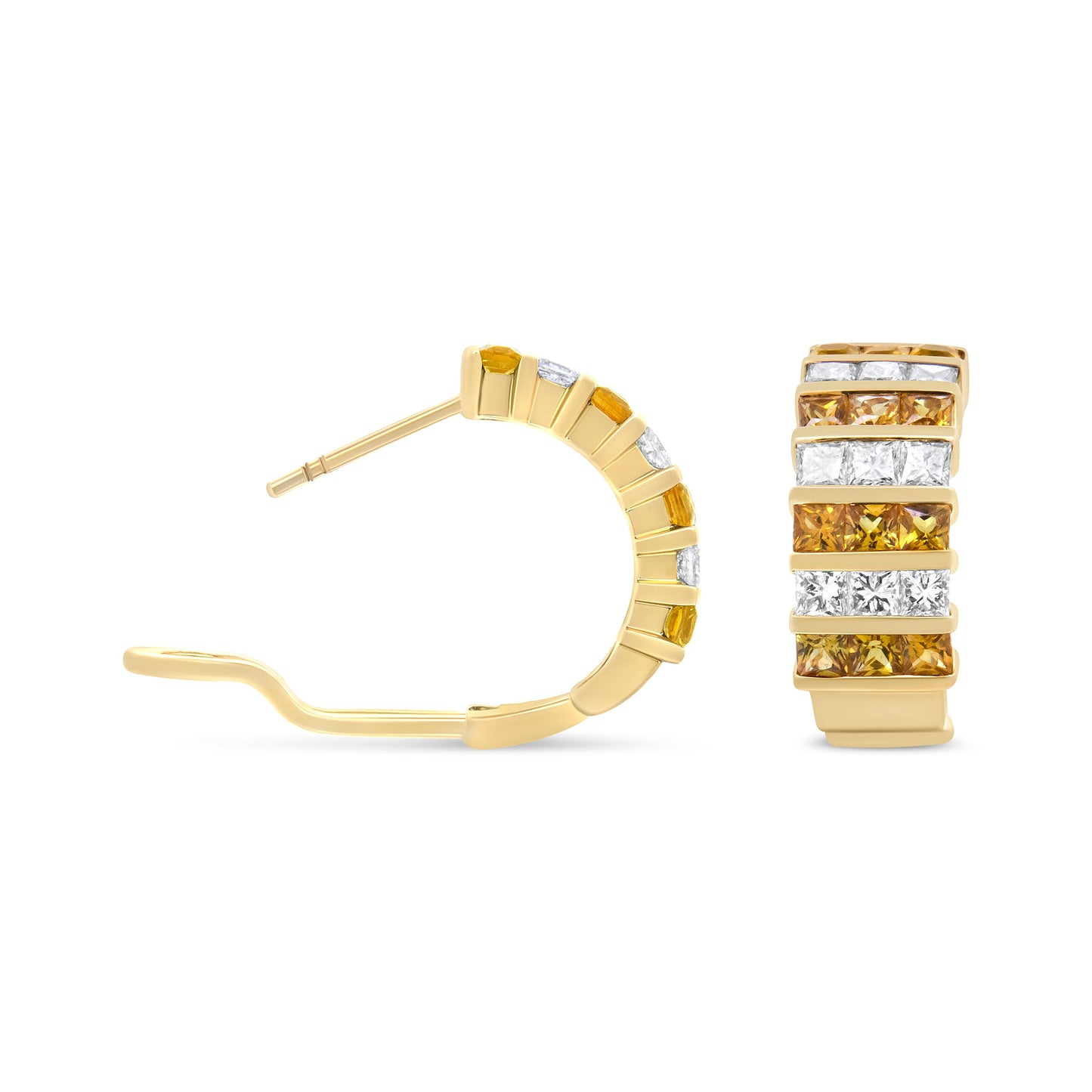 Pendientes de aro tipo Huggie de oro amarillo de 18 quilates con diamantes de talla princesa de 1 3/4 Cttw con engaste invisible y zafiros amarillos de 2,5 mm (color F-G, claridad VS1-VS2)