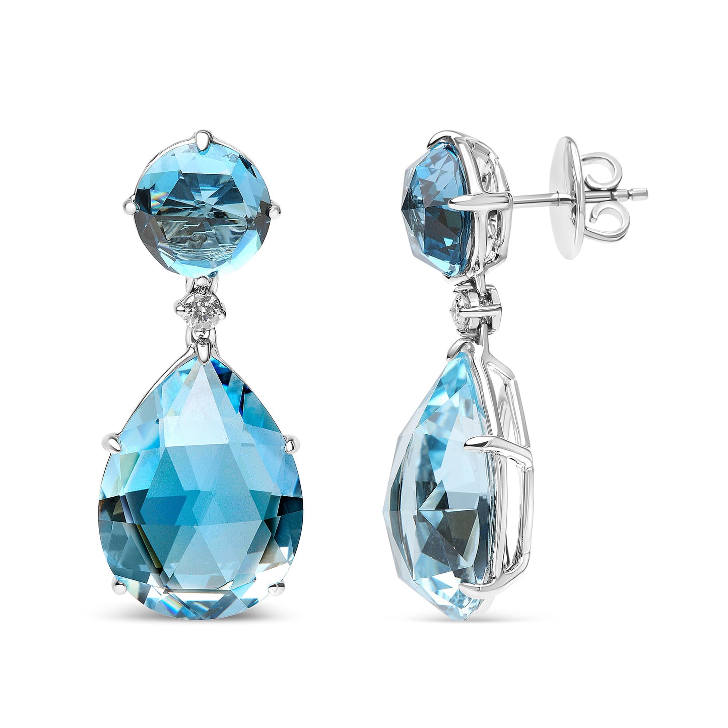 Pendientes colgantes de oro blanco de 18 quilates con diamante de 1/5 Cttw, topacio azul de Londres redondo y topacio azul cielo talla pera de 20 x 15 mm (color G-H, claridad SI1-SI2)