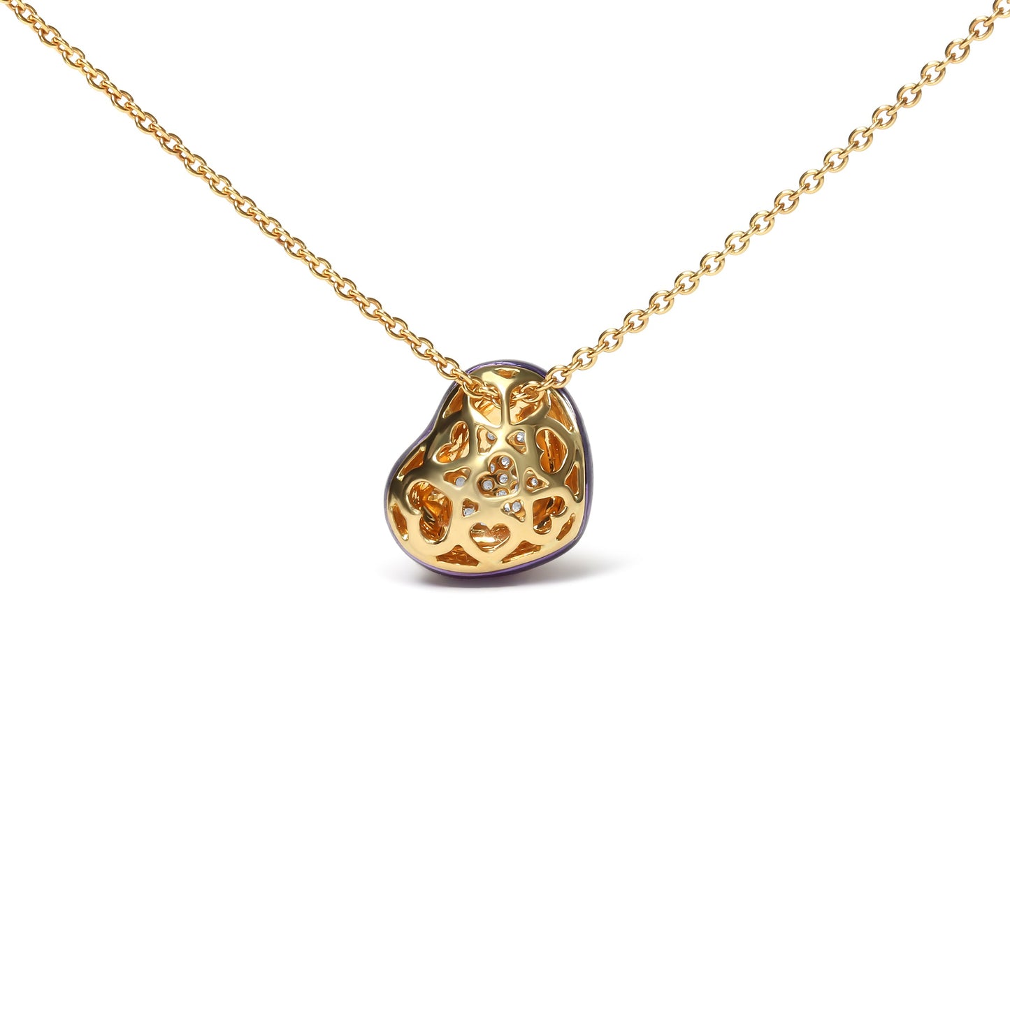 Collar con colgante de corazón de oro amarillo de 18 quilates con esmalte azul y diamantes redondos pavé de 1/10 Cttw (color G-H, claridad SI1-SI2) - Ajustable de 16" a 18"