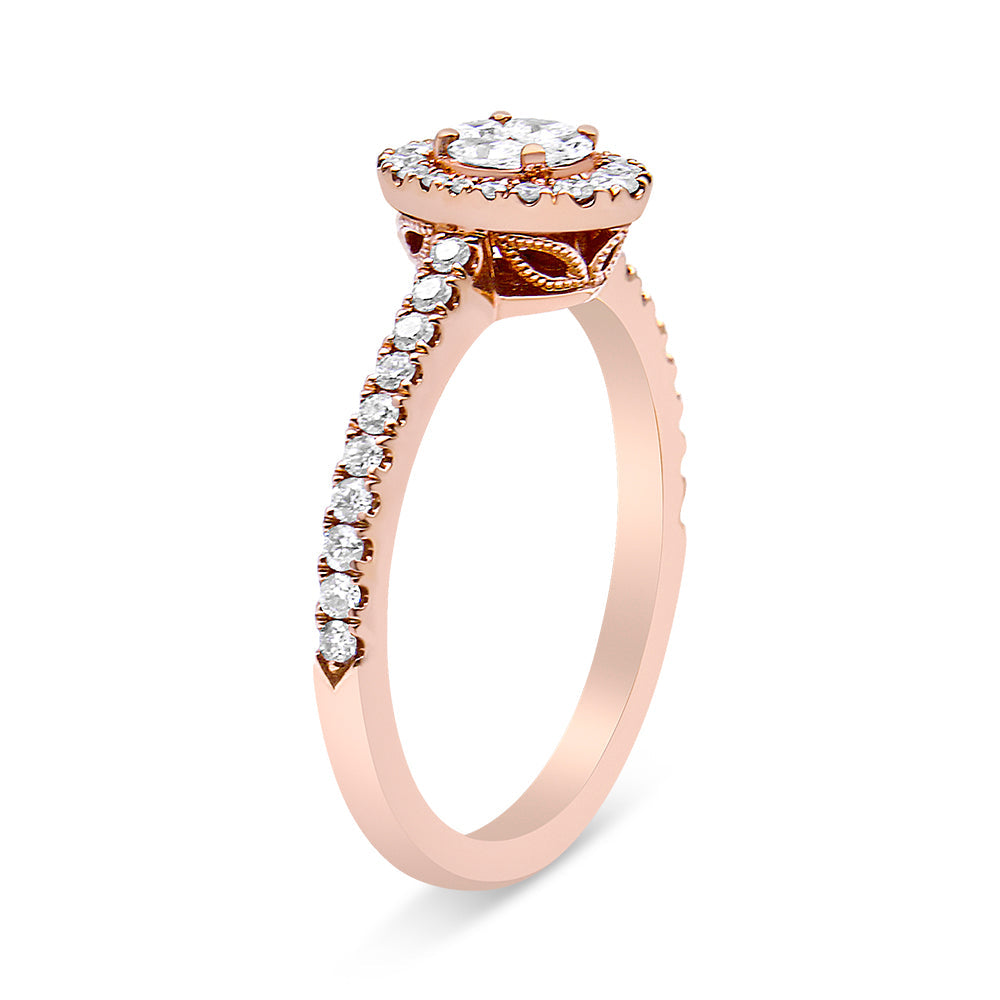 Anillo de compromiso con halo ovalado de diamantes tipo marquesa de oro rosa de 18 K y 1/2 CTW (color F-G, claridad VS1-VS2) - Talla 7