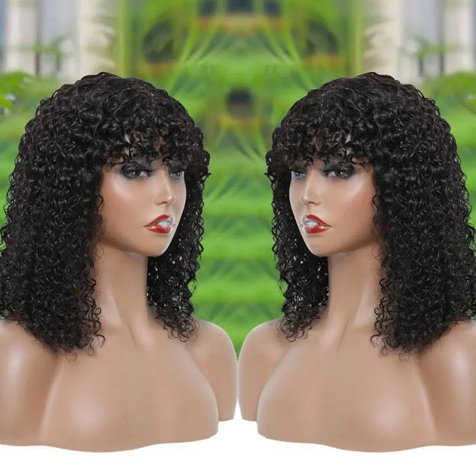 Natural Jerry Curly With Bangs | Brazilian | Human Hair Wigs | Short Bob Wigs Luxegan