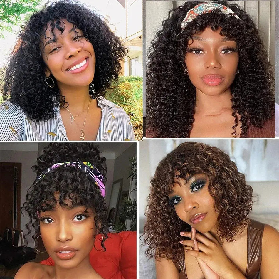 Natural Jerry Curly With Bangs | Brazilian | Human Hair Wigs | Short Bob Wigs Luxegan