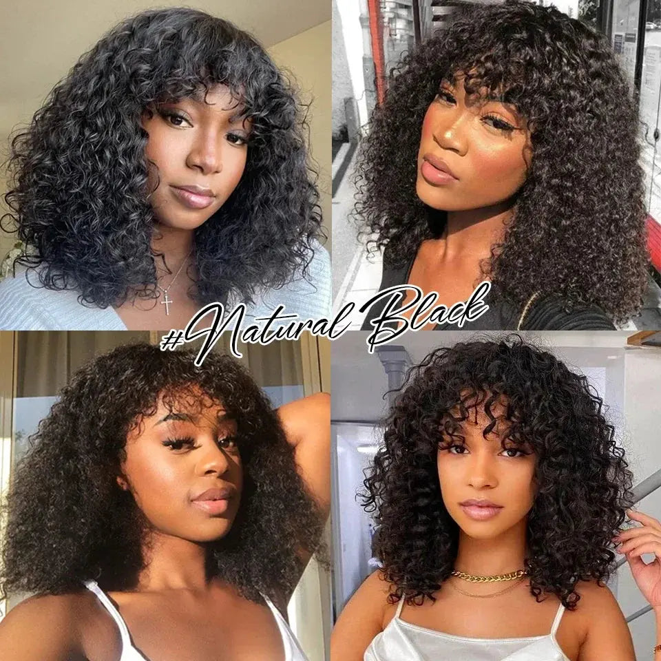 Natural Jerry Curly With Bangs | Brazilian | Human Hair Wigs | Short Bob Wigs Luxegan