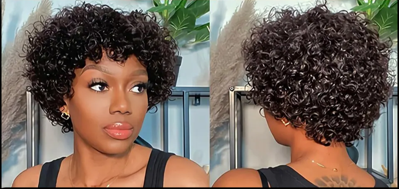 No Lace Pixie Cut Curly Human Hair Wigs with Bangs for Women | Easy Wear, Breathable, Natural Short Curly Hair