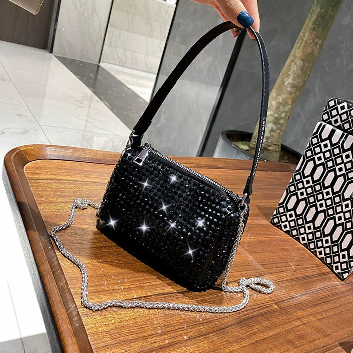 New Arrival Trendy Rhinestone Small Square Bag | Full Diamond Underarm Bag & Diamond-Embedded Women's Shoulder Crossbody Small Handbag Luxegan