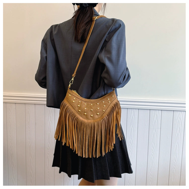 American Vintage Deerskin Tassel Bag | Women's Summer New Maillard Saddle Bag | Ethnic Style Soft Suede Shoulder Messenger Bag (Medium) Luxegan