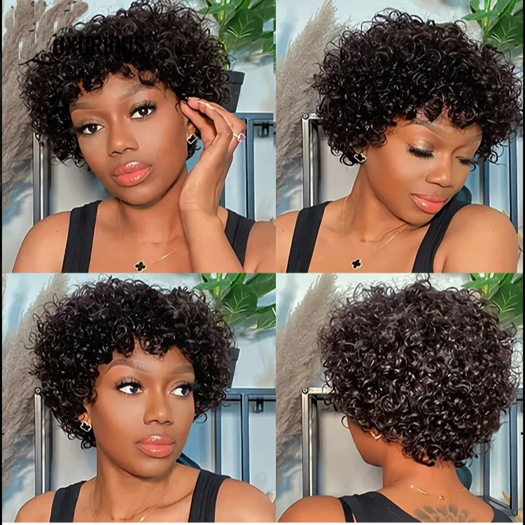 No Lace Pixie Cut Curly Human Hair Wigs with Bangs for Women | Easy Wear, Breathable, Natural Short Curly Hair