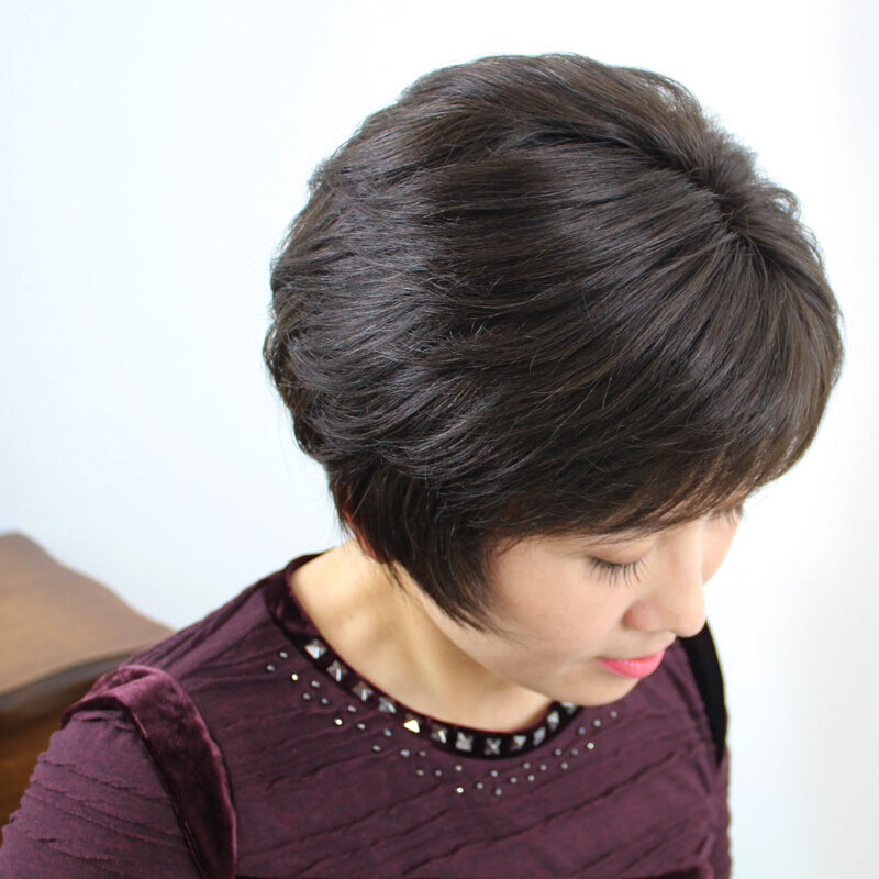 Women's Short Straight Real Human Hair Wig | Sheath Middle-Aged & Elderly Mother Style Full Head Wig with Oblique Bangs (Natural Look, Volume & Gray Coverage) Luxegan