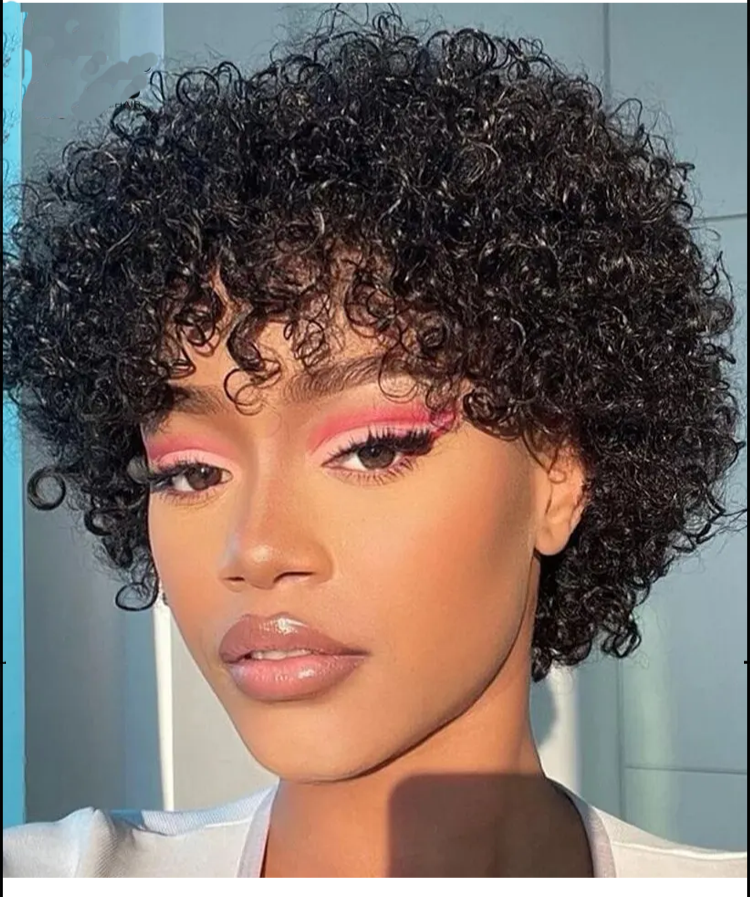 No Lace Pixie Cut Curly Human Hair Wigs with Bangs for Women | Easy Wear, Breathable, Natural Short Curly Hair