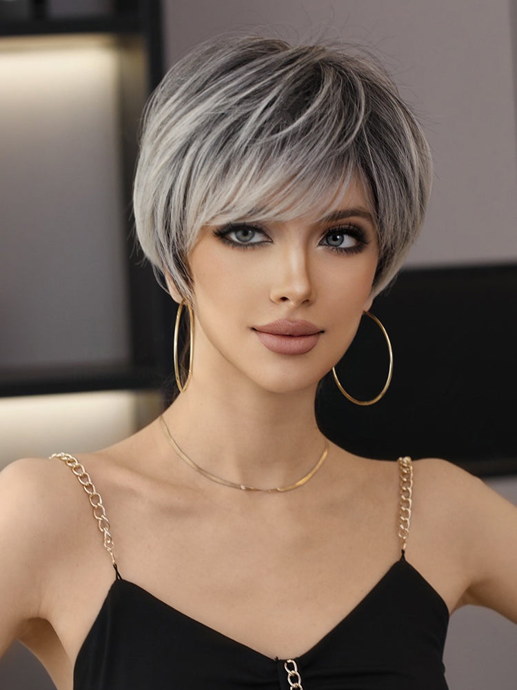 European & American Short Platinum Highlight Black Wig | Full Head Cover Artificial Human Hair Wig for Women (Natural Hairstyle with Oblique Bangs) Luxegan