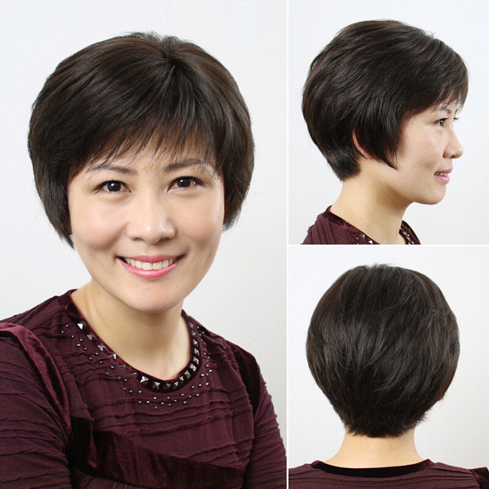Women's Short Straight Real Human Hair Wig | Sheath Middle-Aged & Elderly Mother Style Full Head Wig with Oblique Bangs (Natural Look, Volume & Gray Coverage) Luxegan
