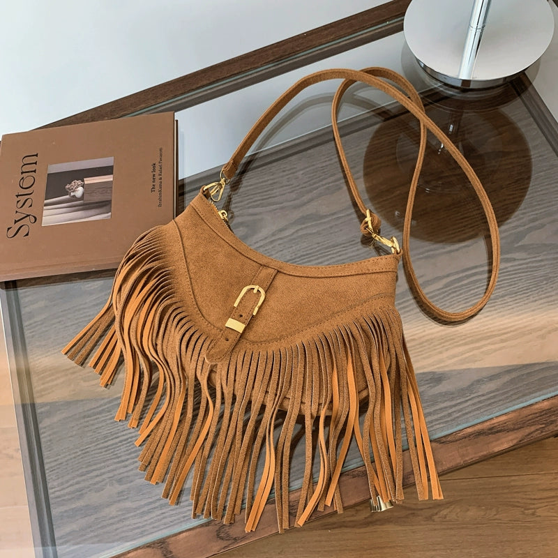 American Vintage Deerskin Tassel Bag | Women's Summer New Maillard Saddle Bag | Ethnic Style Soft Suede Shoulder Messenger Bag (Medium) Luxegan