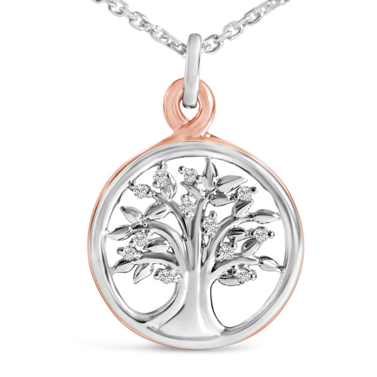Collar con colgante del árbol de la vida con acento de diamante en plata de ley chapada en oro rosa de 14 quilates