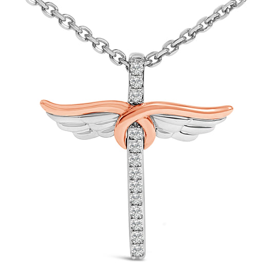 Collar con colgante de cruz alada de plata de ley chapada en oro rosa de 14 quilates con diamantes de 1/5 Cttw