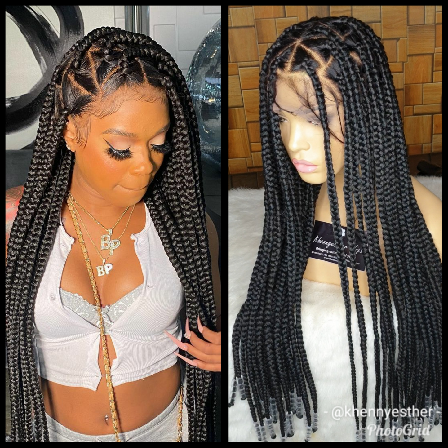 36" Knotless Large Square Box Braids Wig | Full Lace Frontal | Baby Hair | Kanekalon Hair