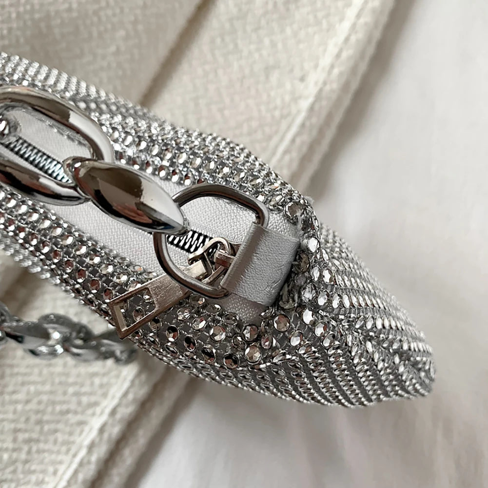 Bling Rhinestone Evening Clutch Bag | Women's Korean Designer Diamond Chain Dinner Party Handbag (Lady Square Tote Shoulder Bag) Luxegan