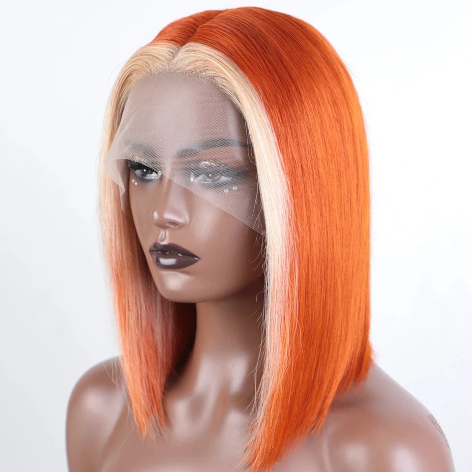 Ombre Orange Blonde Bob Wig | Straight Human Hair Lace Front Luxegan