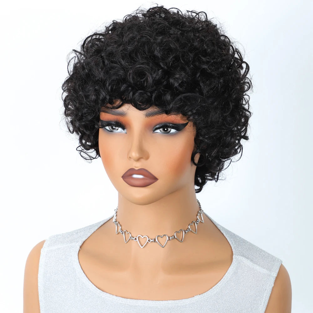 Malaysian Afro Kinky Curly Pixie Bob Wig with Bangs | Natural Brown & 99J Full Machine Made Remy Human Hair Luxegan