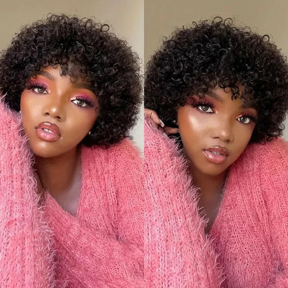 Brazilian Short Pixie Bob Afro Kinky Curly Wig with Bangs | Full Machine Made Human Hair (Natural Brown & 99J) Luxegan