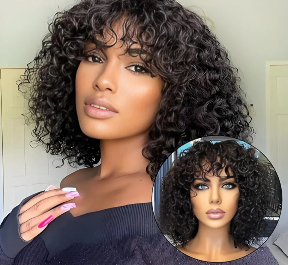 Highlight Honey Blonde Jerry Curly Pixie Bob Wig with Bangs | Full Machine Made Human Hair Luxegan