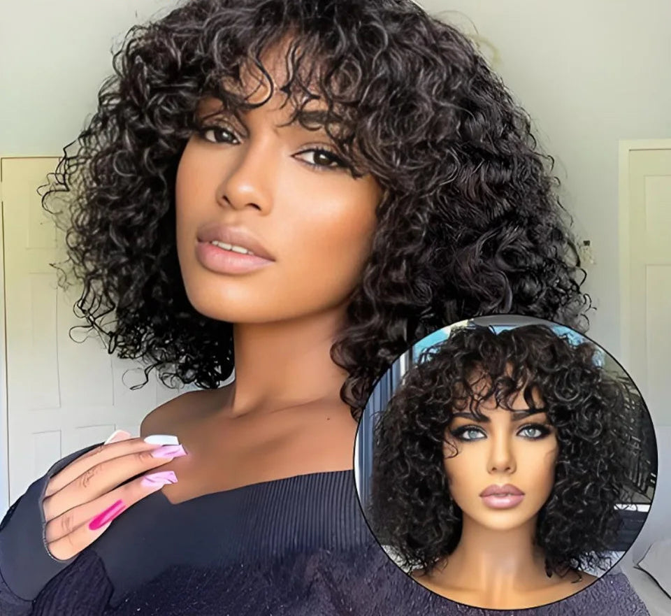 Brazilian Jerry Curly Human Hair Bob Wig with Bangs | Natural Highlight Honey Water Wave Kinky Curly Wigs for Women Luxegan
