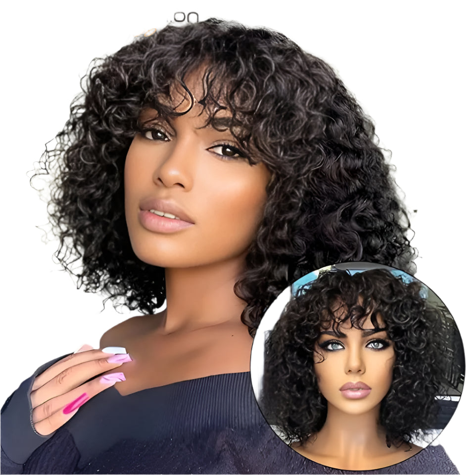 Highlight Honey Blonde Jerry Curly Bob Wig with Bangs | Non-Lace Front Human Hair Luxegan