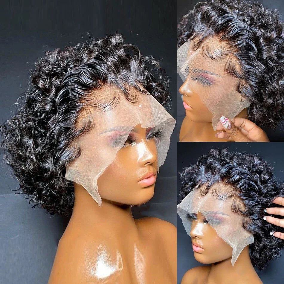 Ombre 1B/27 Pixie Cut Wigs Human Hair Curly Brazilian Virgin Hair 13x1 Transparent Lace Front Short Bob 180% Density