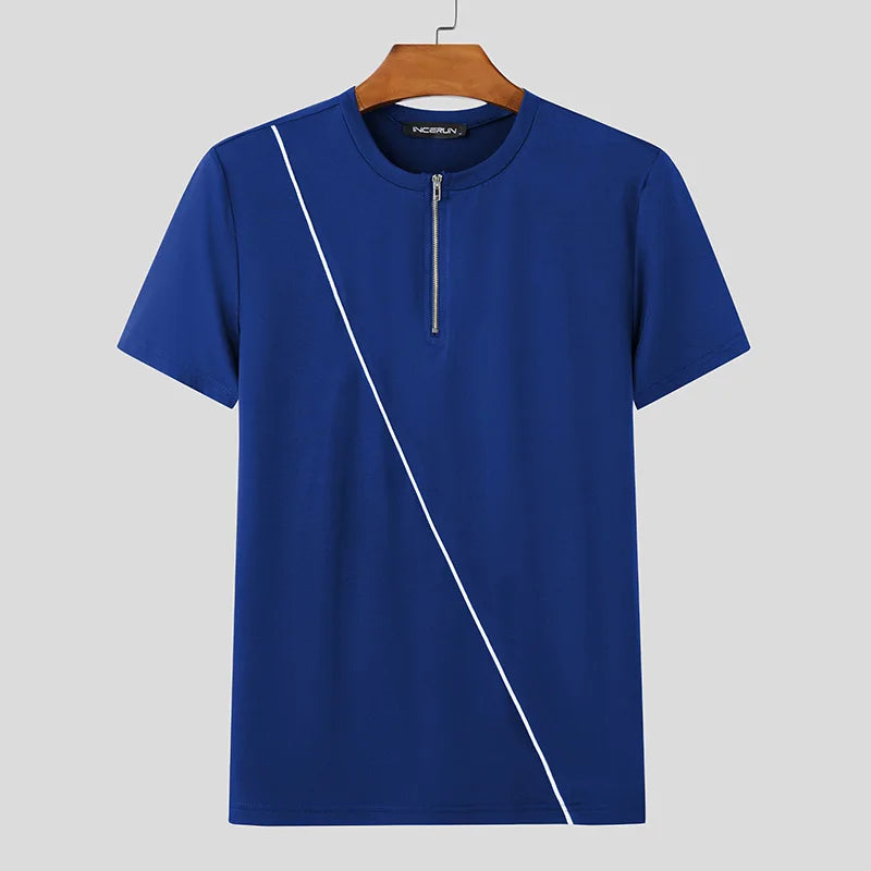 Half-Zipper Design T-Shirt | Sophisticated O-Neck Short-Sleeve Silhouette | Elegant "Spring and Summer" Handsome Camiseta | "Dignified" Lightweight Broadcloth Top for Radiant Versatile Styling Luxegan