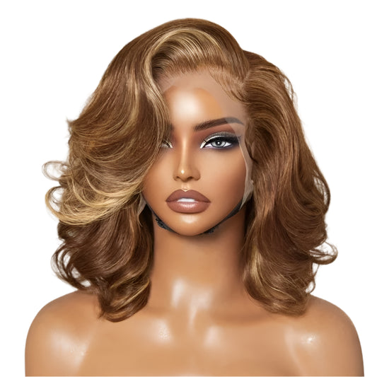 Honey Blonde Highlight Bob Wig | 13x4 Lace Frontal | Brazilian Remy Hair | Loose Body Wave | Glueless