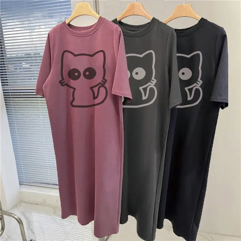 Women's New Cartoon Cat Print Dress | Cute Summer Autumn Short Sleeve Loungewear | Casual Loose Fit O-Neck Home Dress | Premium Non-Woven Slight Stretch Knee-Length A-Line Vestido